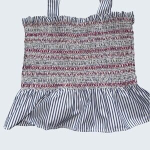 Style House Womens Blue White Striped Smocked Peplum Tank Top Tie Shoulder Large